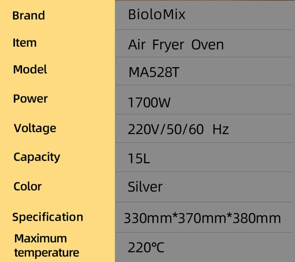 BioloMix MA528T Forno friggitrice ad aria a doppio riscaldamento, tostapane  senza olio da 1700W, capacità 15L, 11 preselezioni