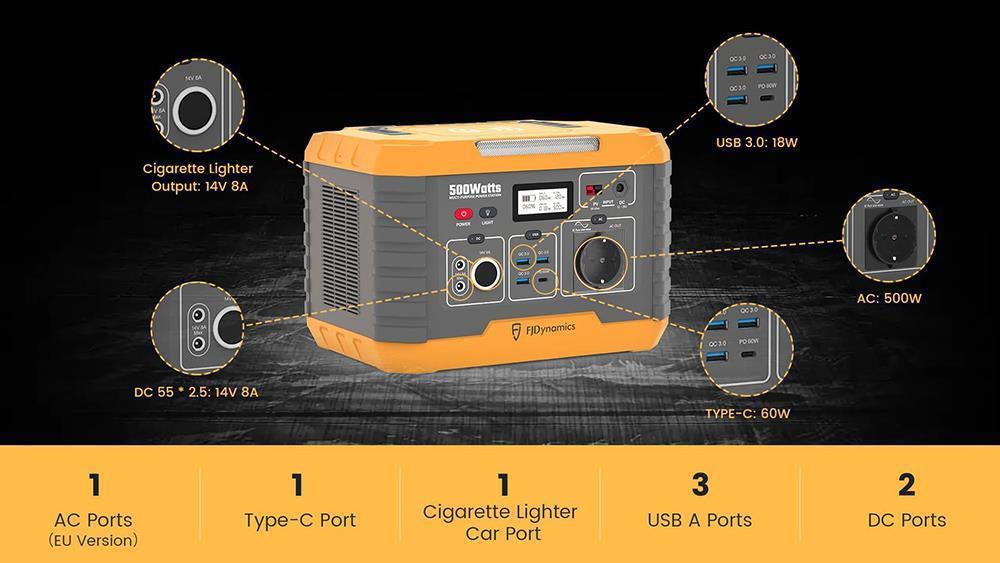 Fjdynamics Powersec MP500 520Wh/500W Centrale Elettrica Portatile, Ricarica  Wireless 10W, 8 Porte Di Uscita, Versione UE