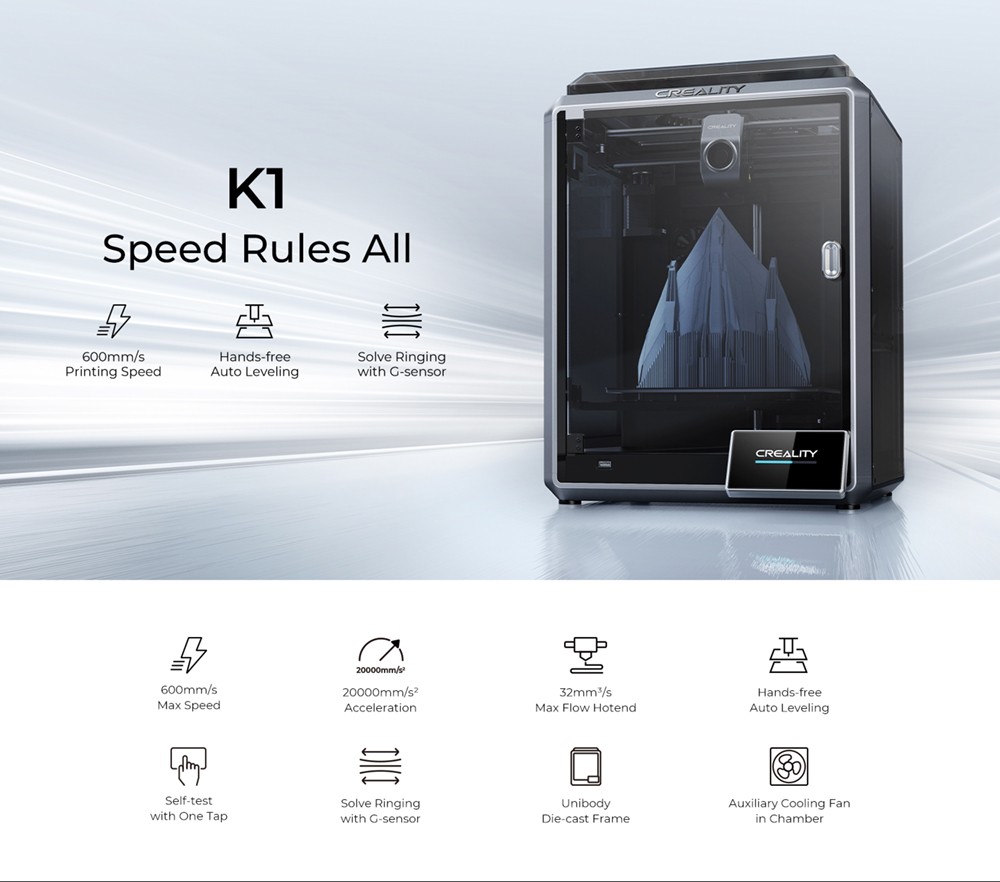 Creality K1 3D Printer, Auto Leveling, 32mm³/s Max Flow Hotend, 600mm/s Max Speed, 20000mm/s² Acceleration Unibody Frame