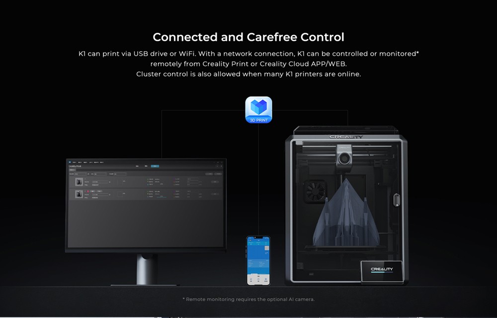 Creality K1 3D Printer, Auto Leveling, 32mm³/s Max Flow Hotend, 600mm/s Max Speed, 20000mm/s² Acceleration Unibody Frame