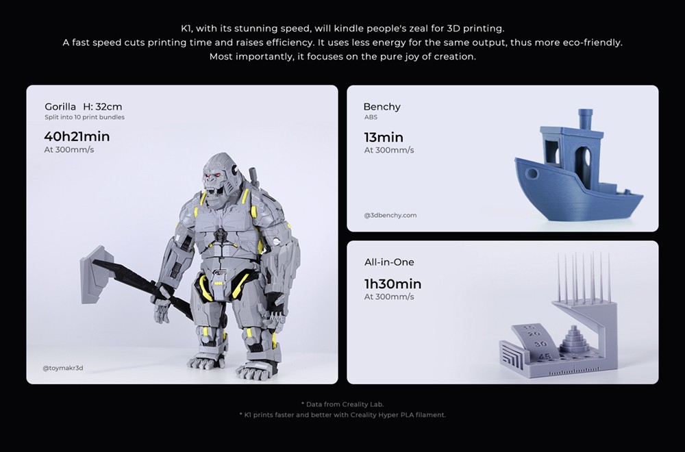 Creality K1 3D Printer, Auto Leveling, 32mm³/s Max Flow Hotend, 600mm/s Max Speed, 20000mm/s² Acceleration Unibody Frame