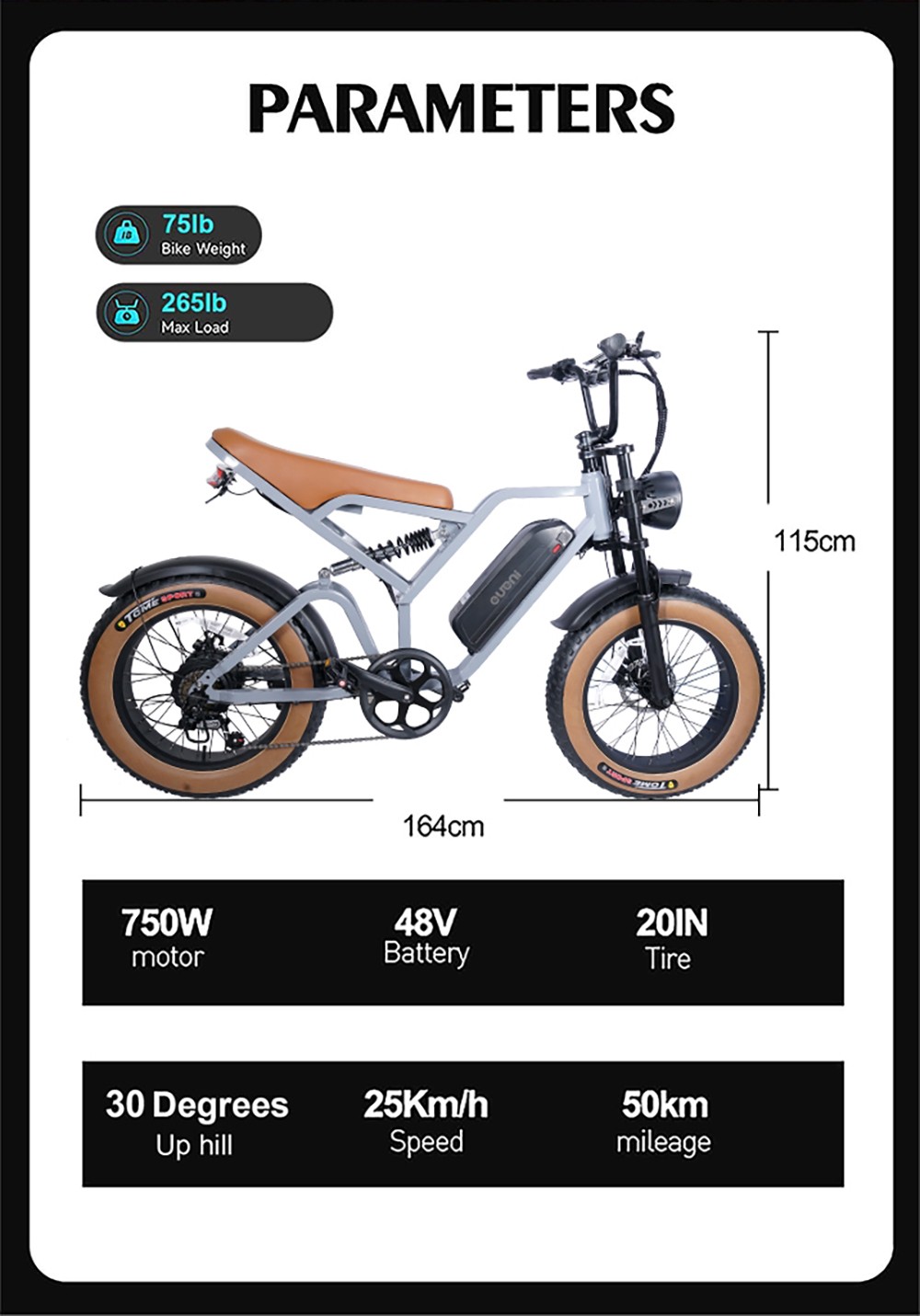 EUENI FXH009 Pro Electric Bike, 20-inch Tire, 750W Motor, 48V 15Ah Battery, 45km/h Max Speed, 96km Range, Shimano 7-speed Gear 