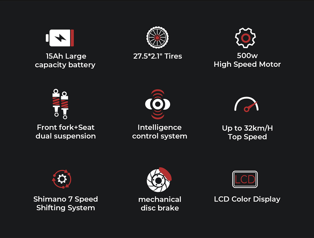 SAMEBIKE RS-A01 Pro Electric Bike, 500W Motor, 36V 15Ah Battery, 27.5*2.1-inch Tire, 32km/h Max Speed, 40km Range, Shimano 7-sp