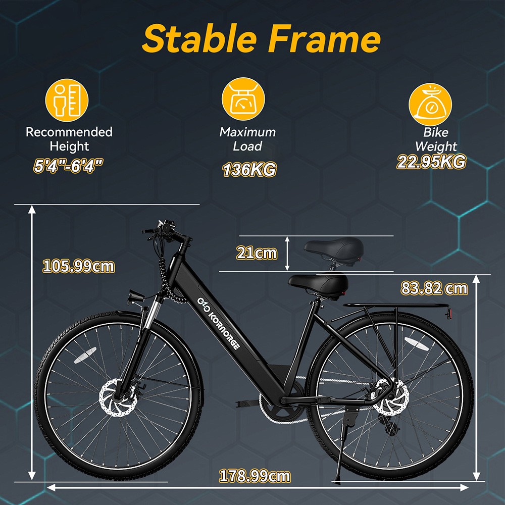 Kornorge C7 Electric Bike, 350W Motor, 36V/12.5Ah Battery, 26-inch Tires, 32km/h Max Speed, 50km Range, Mechanical Disc Brake -