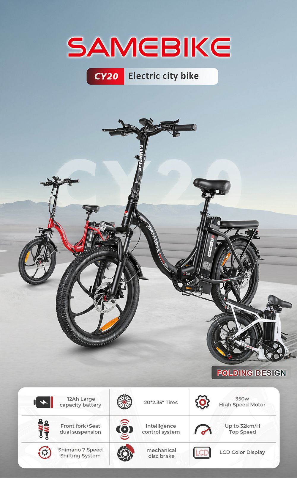 SAMEBIKE CY20 Electric Bike, 350W Motor, 36V 12Ah Battery, 20*2.35-inch Tire, 32km/h Max Speed, 40km Range, Dual Suspension, Me