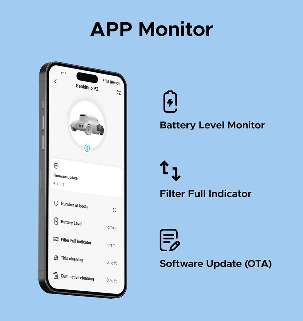 Genkinno P2 Master Kit Robot Pool Vacuum, 2500GPH Suction Power, 120 Mins Runtime, with Big Basket Capacity, App OTA 