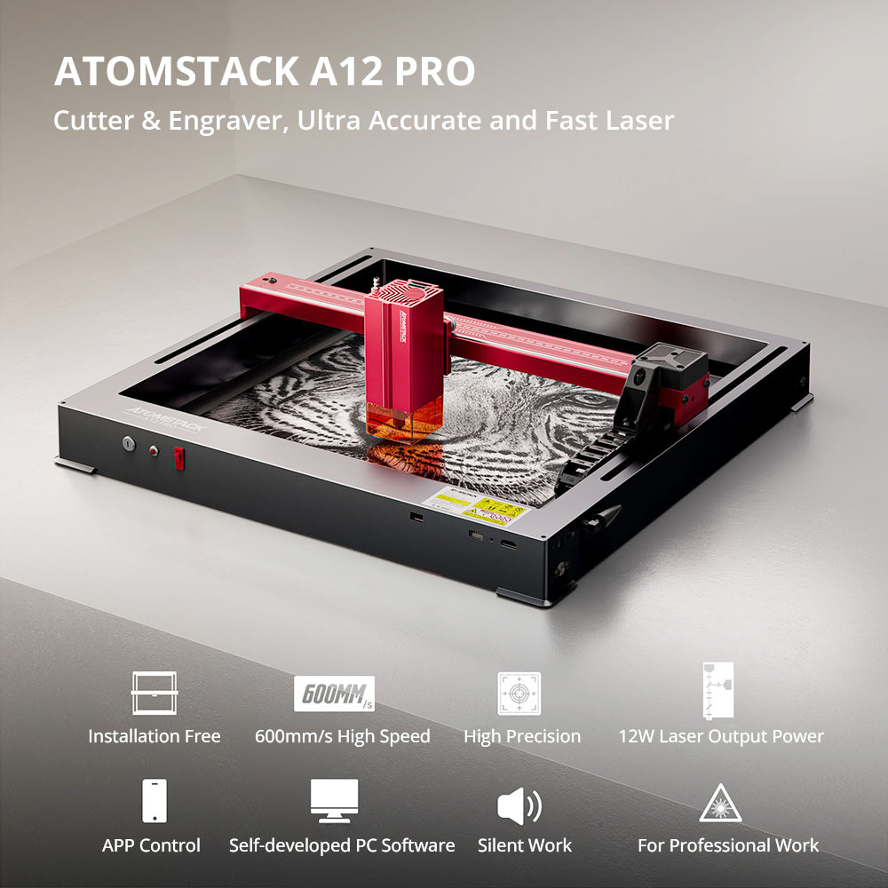 ATOMSTACK A12 Pro 12W Laser Engraver Cutter, Fixed Focus, 0.02mm Engraving Precision, 600mm/s Engraving Speed, 32-bit Motherboa