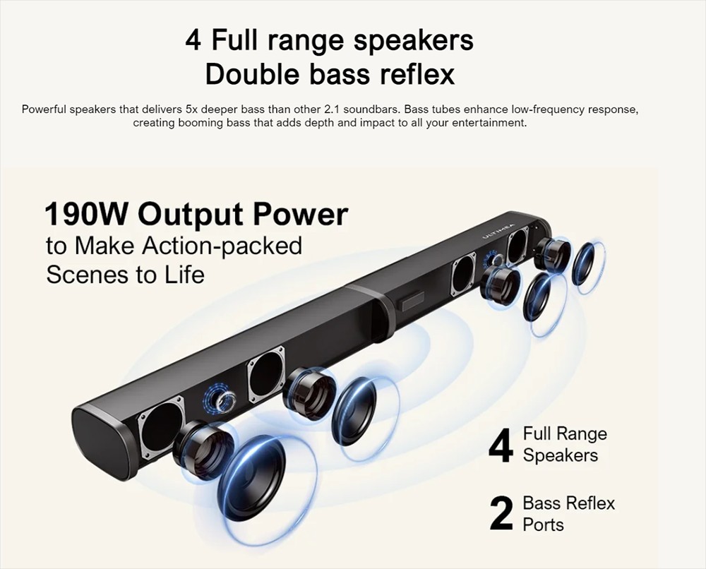 Ultimea Tapio VII 2.1 Wired Soundbar for TV Devices 190 W 2.1 Soundbar with Subwoofer, 6 EQ Modes, Bluetooth 5.0, Black