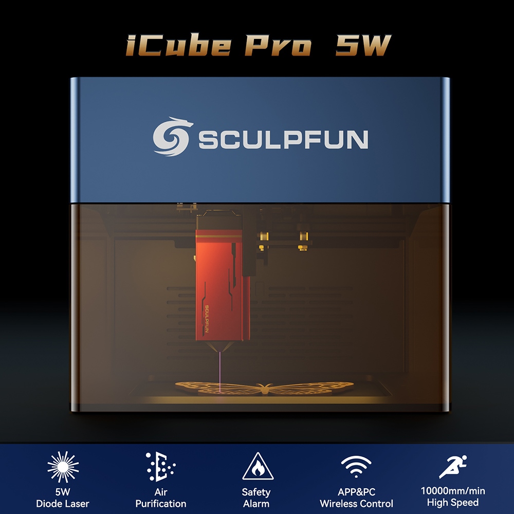 SCULPFUN iCube Pro 5W Laser Engraver, 0.06mm Laser Spot, 10000mm/min Engraving Speed, 32-bit Motherboard, Replaceable Lens, Smo