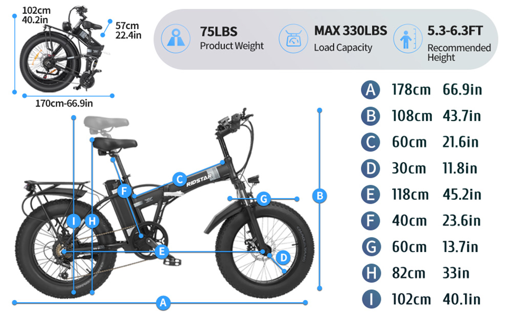 Ridstar G20 Electric Bike, 1000W Motor, 48V 15Ah Battery, 20*4.0inch Tires, 48km/h Max Speed, 80km Max Range, Disc Brakes, Shim