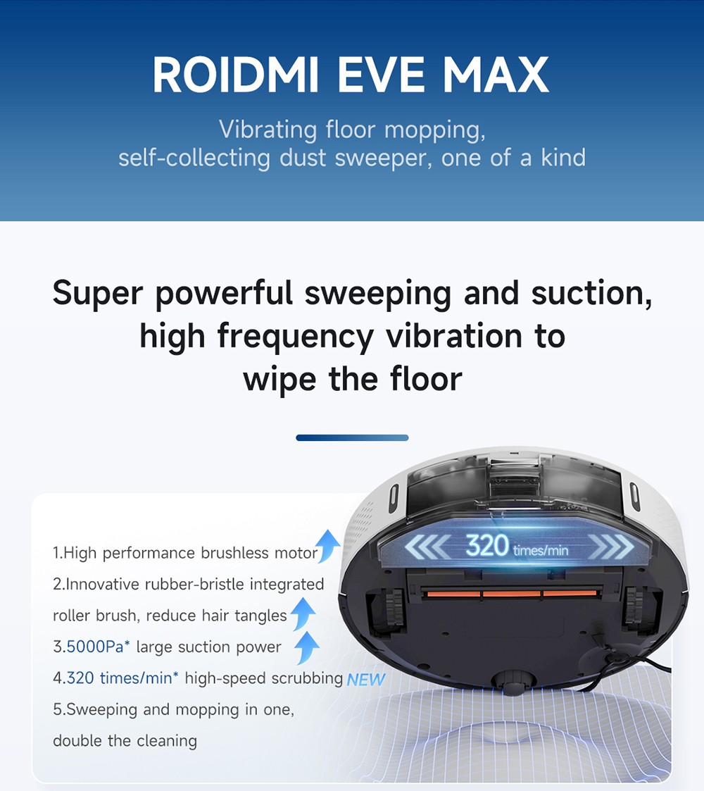ROIDMI EVE MAX Robot Vacuum Cleaner with Self Empty Station, 5000Pa Max Suction, Mopping Function, 3L Dust Bag, 250 Mins Max Ru