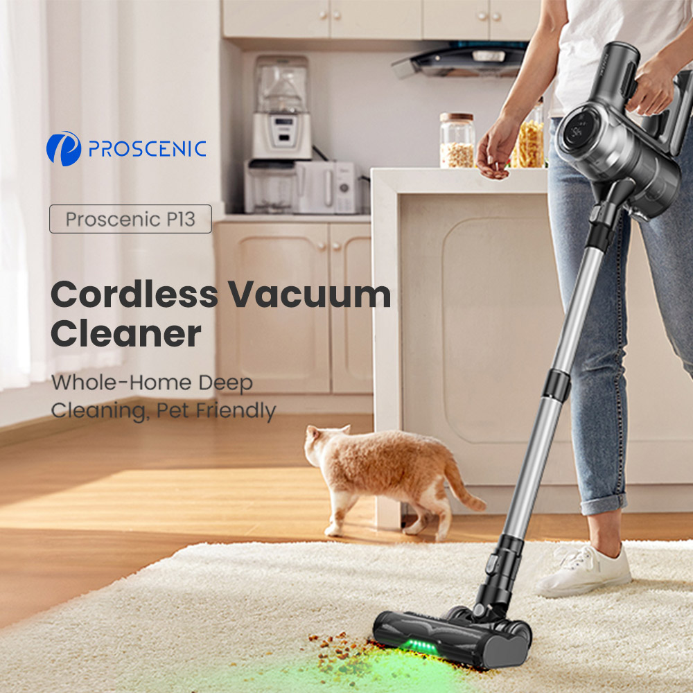 Proscenic P13 Cordless Vacuum Cleaner, 35Kpa Suction, Stick Vacuum with Green Light, LED Display, Max 45mins Runtime, 1.2L Dust