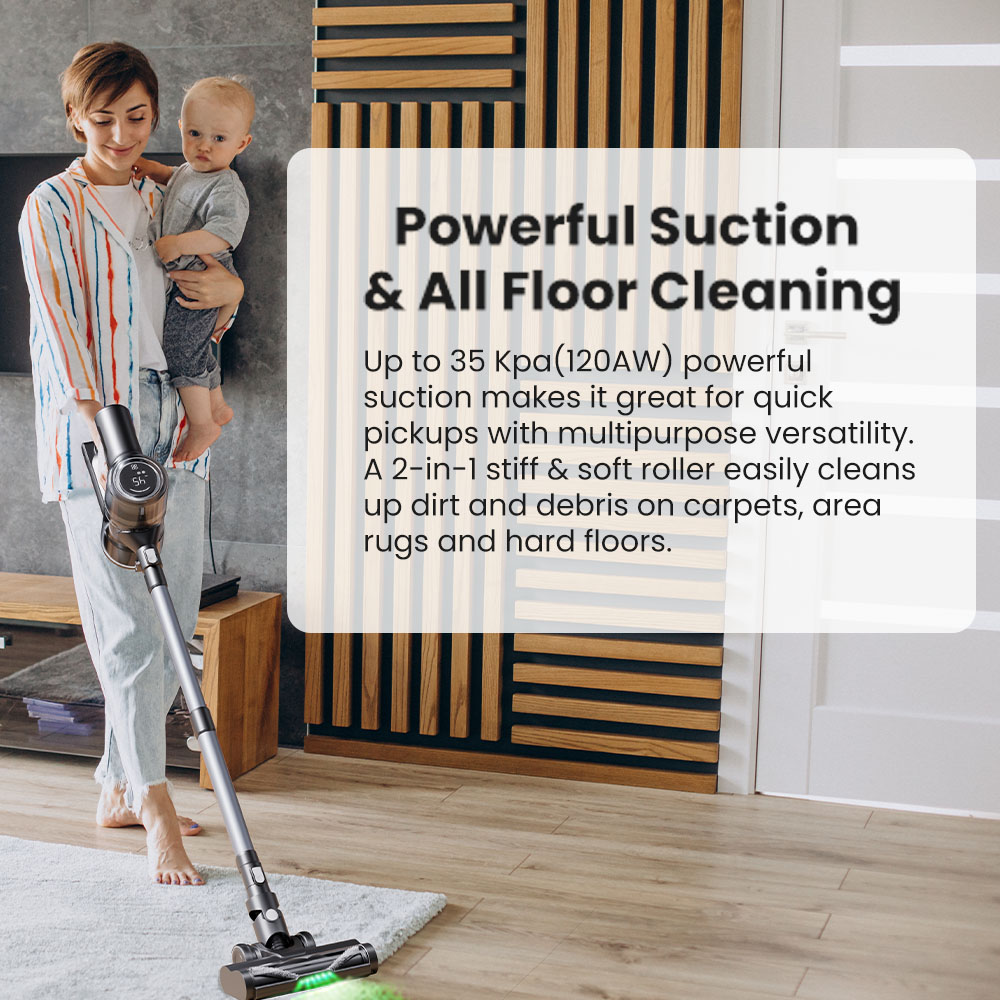 Proscenic P13 Cordless Vacuum Cleaner, 35Kpa Suction, Stick Vacuum with Green Light, LED Display, Max 45mins Runtime, 1.2L Dust