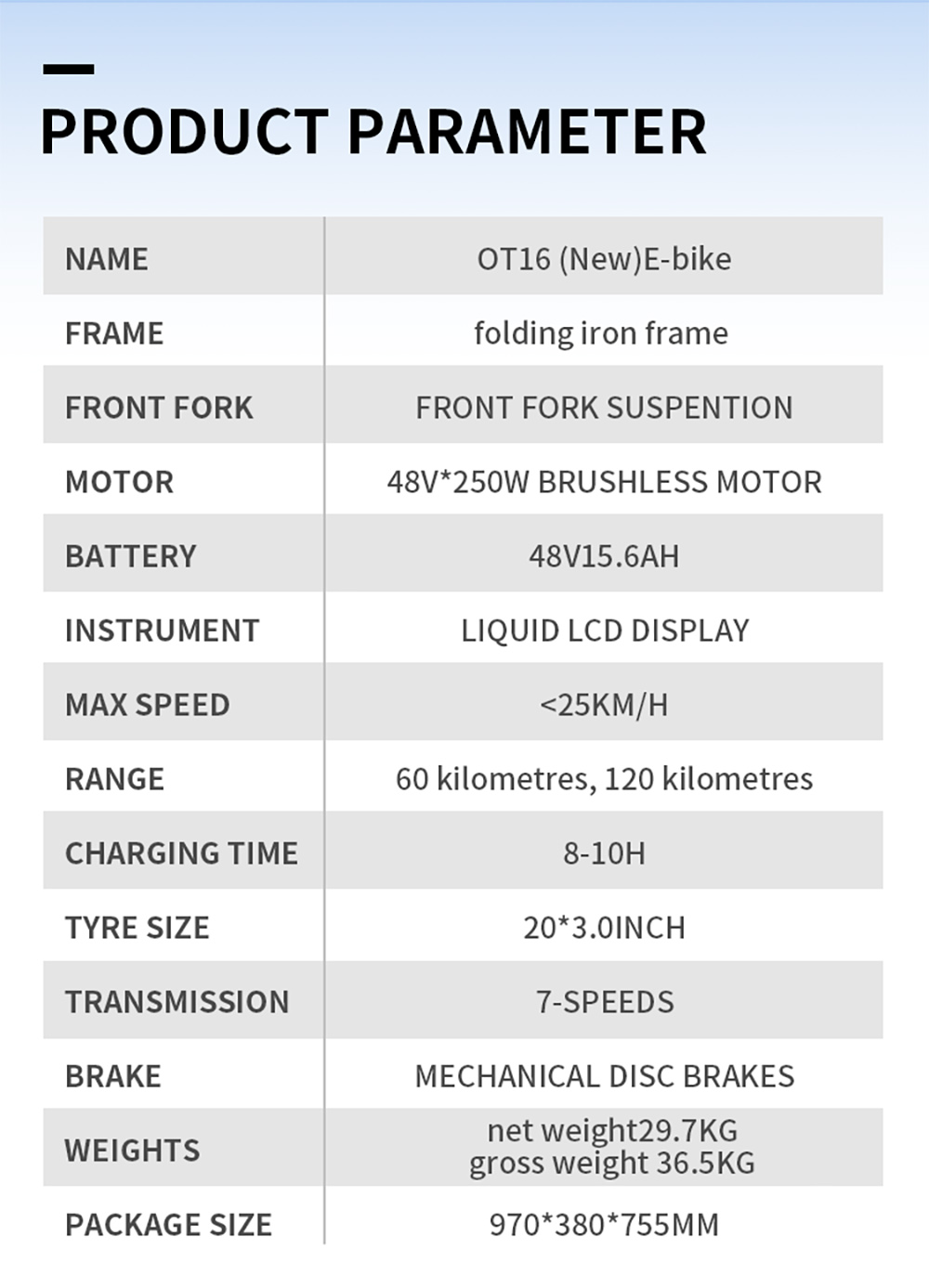 ONESPORT OT16-2 Electric, 250W Motor, 48V 15.6Ah Battery, 20*3.0 inch Tires, 25km/h Max Speed, 120km Range, Mechanical Disc Bra