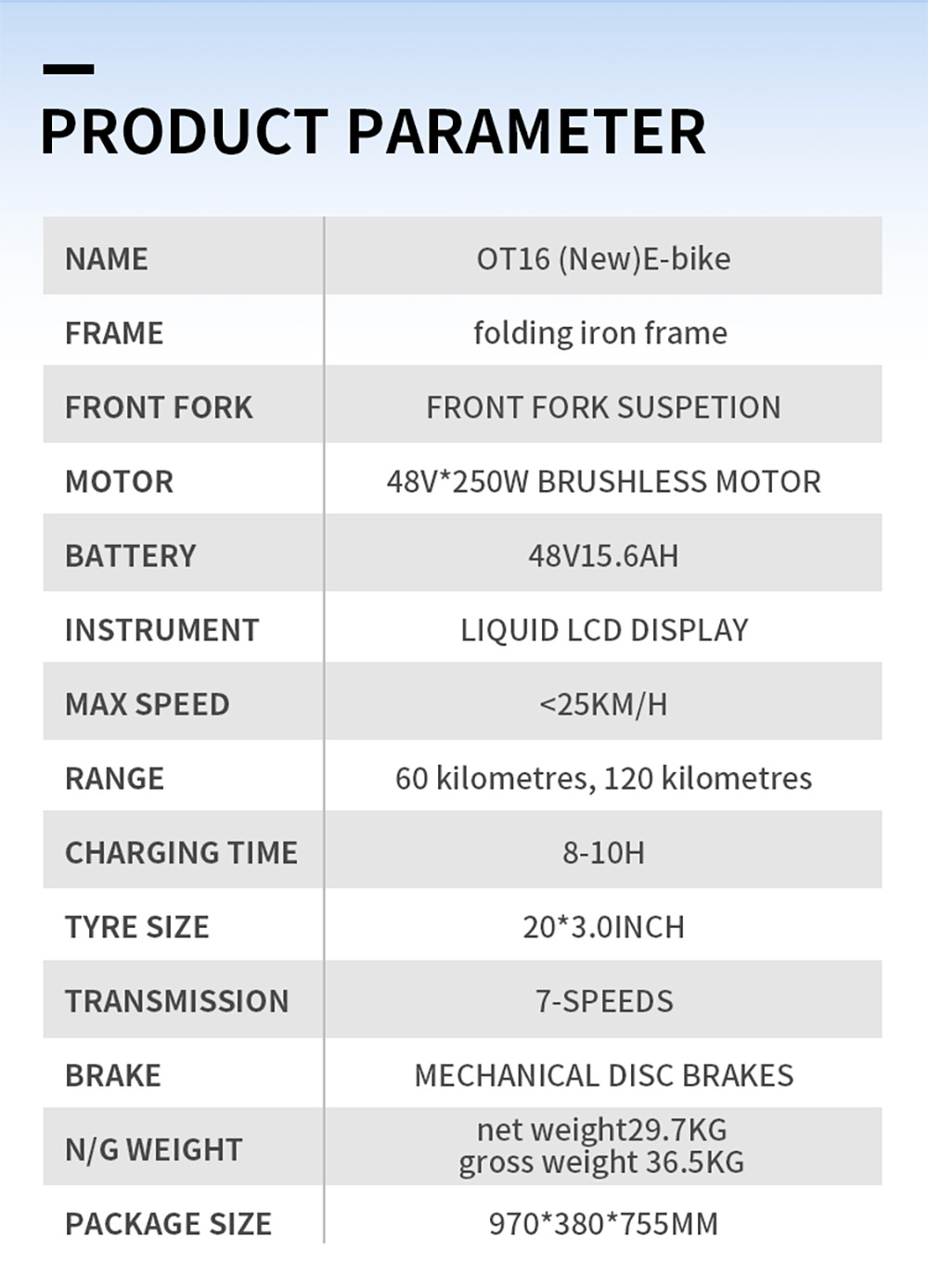 ONESPORT OT16-2 Electric, 250W Motor, 48V 15.6Ah Battery, 20*3.0 inch Tires, 25km/h Max Speed, 120km Range, Mechanical Disc Bra