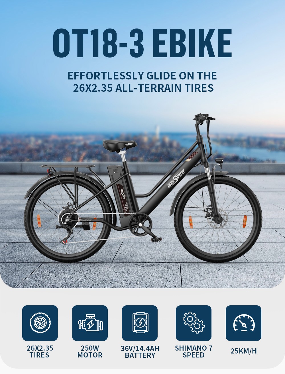 ONESPORT OT18-3 Electric Bike, 26*2.35 inch Tires 350W Motor 36V 14.4Ah Battery 100km range 25km/h Max Speed