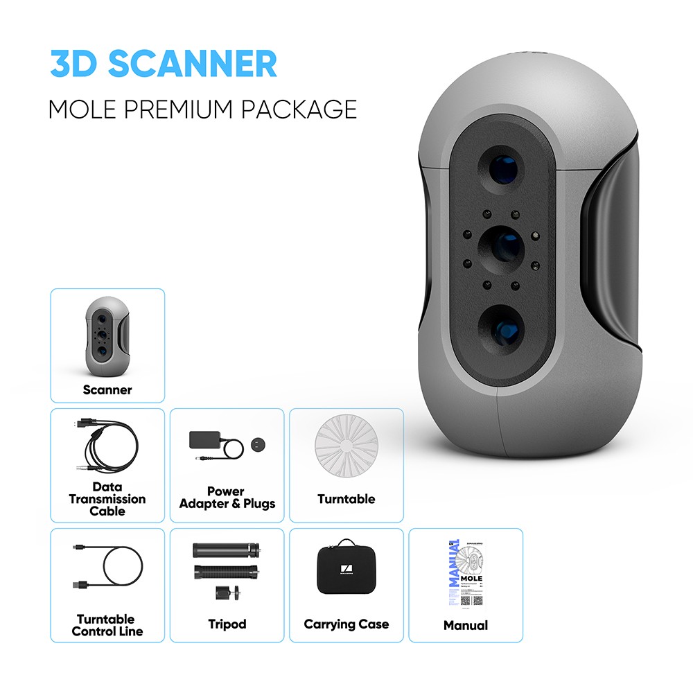 3DMakerpro Mole Premium 3D Scanner, 0.05mm Accuracy, 0.1mm Resolution, with Multi-Spectral Technology, Support Facial Scanning 