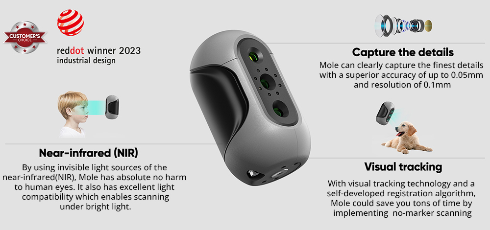 3DMakerpro Mole Luxury 3D Scanner, 0.05mm Accuracy, 0.1mm Resolution, 150-400mm Work Distance, with Multi-Spectral Technology, 