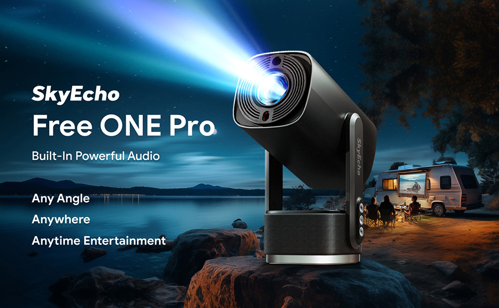 SkyEcho FreeONE Pro Portable Projector, 350 ANSI Lumens, Native 720P, 270° Gimbal Stand, Built-in Battery for 2 Hours Playtime