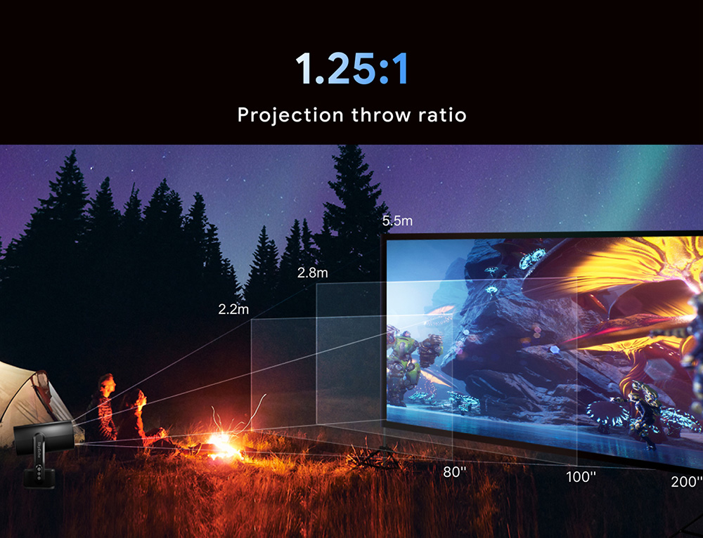 SkyEcho FreeONE Pro Portable Projector, 350 ANSI Lumens, Native 720P, 270° Gimbal Stand, Built-in Battery for 2 Hours Playtime