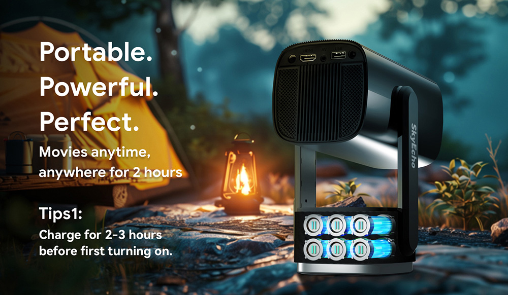 SkyEcho FreeONE Pro Portable Projector, 350 ANSI Lumens, Native 720P, 270° Gimbal Stand, Built-in Battery for 2 Hours Playtime