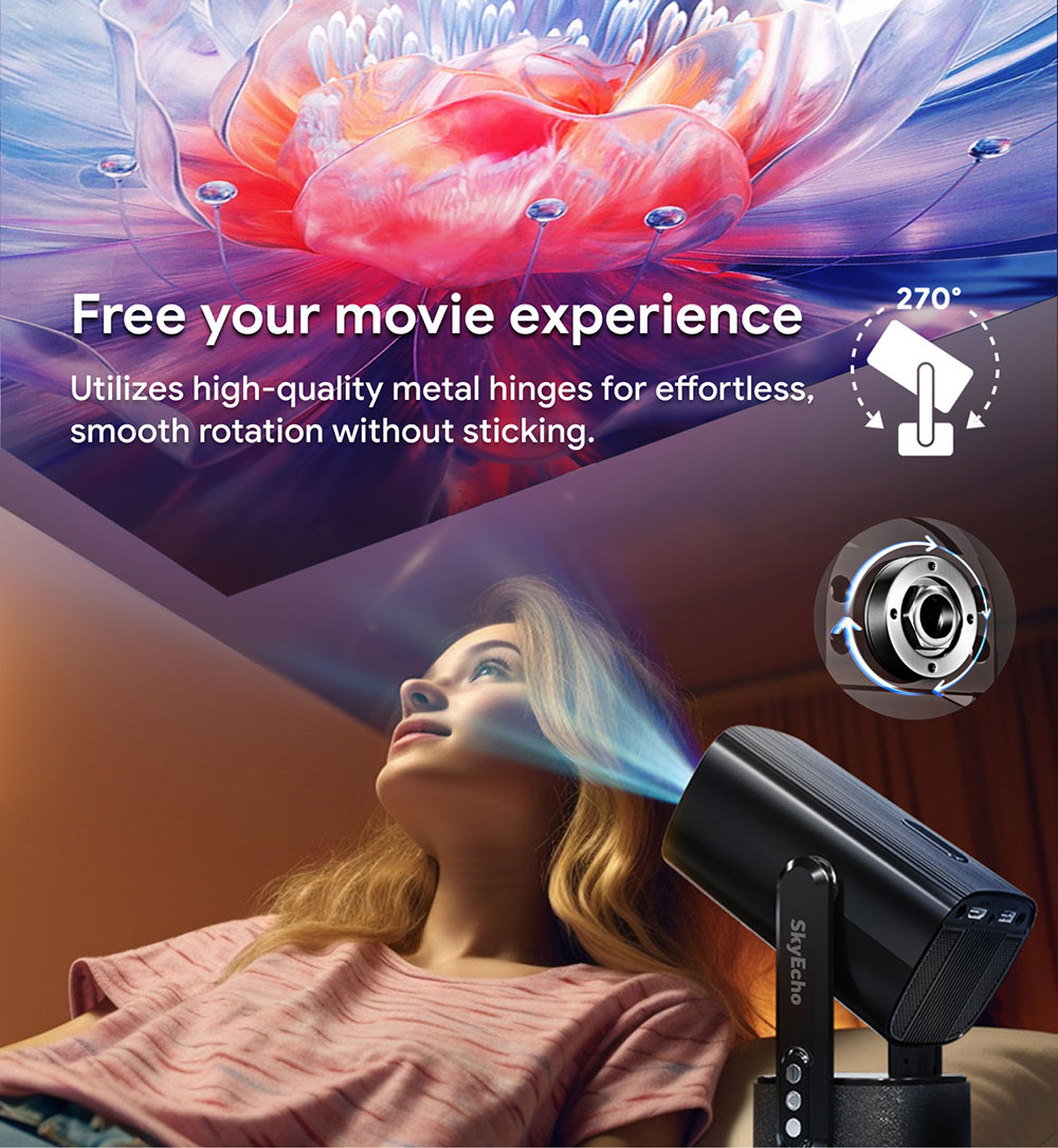 SkyEcho FreeONE Pro Portable Projector, 350 ANSI Lumens, Native 720P, 270° Gimbal Stand, Built-in Battery for 2 Hours Playtime