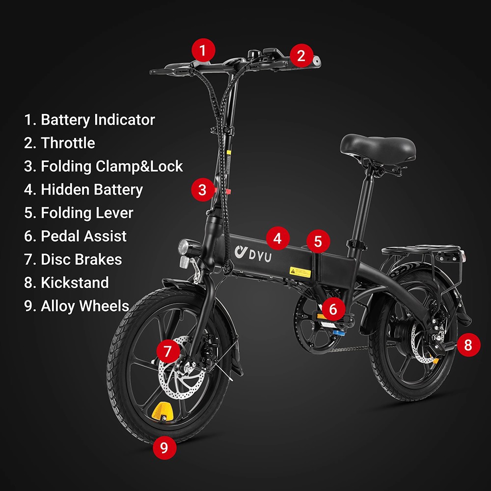 DYU A1F Pro Folding Electric Bike, 250W Motor, 36V 7.5Ah Battery, 16*1.75-inch Tire, 25km/h Max Speed, 40km Max Range, Front 