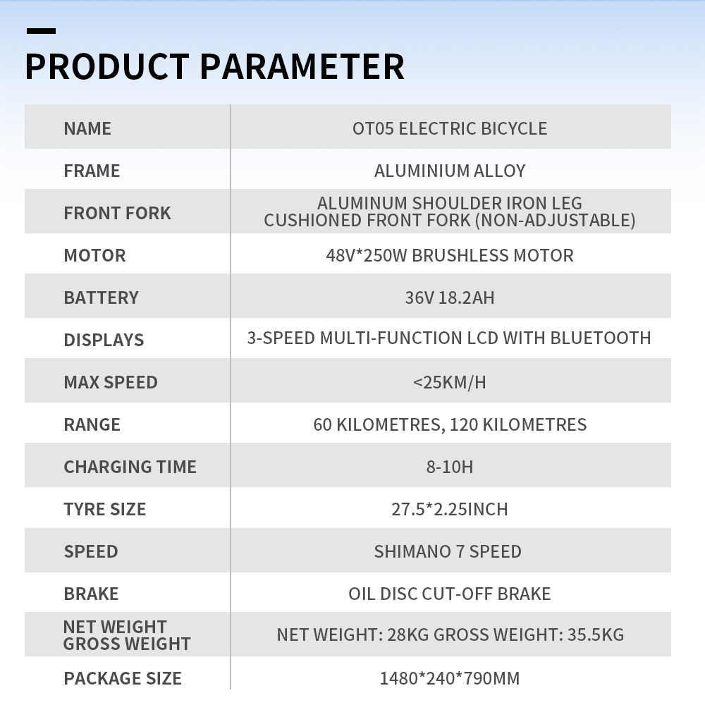 ONESPORT OT05 City Electric Bike, 250W Motor, 36V 18.2Ah Battery, 27.5*2.25-inch Tire, 25km/h Max Speed, 120km Max Range, Shima