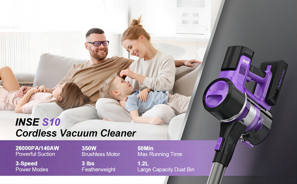 INSE S10 Cordless Vacuum Cleaner, 26kPa Powerful Suction, 1.2L Dustbin, 50min Max Runtime, 3-speed Modes, 350W Brushless Motor,