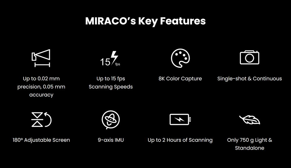 Revopoint MIRACO 3D Scanner with 16GB RAM  0 02mm High Precision  15fps Scanning Speed  8K Color Capture  180° Rotating Screen