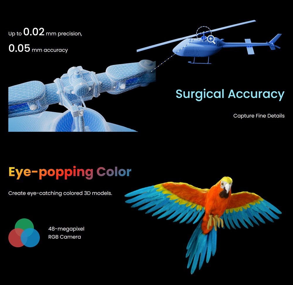 Revopoint MIRACO 3D Scanner with 16GB RAM  0 02mm High Precision  15fps Scanning Speed  8K Color Capture  180° Rotating Screen