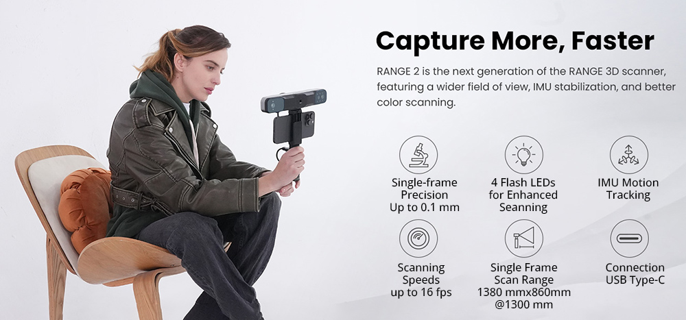 Revopoint RANGE 2 3D Scanner  0 1mm Precision  2MP Resolution  Up to 16fps Scanning Speed  400-1300mm Working Distance  4 Flash