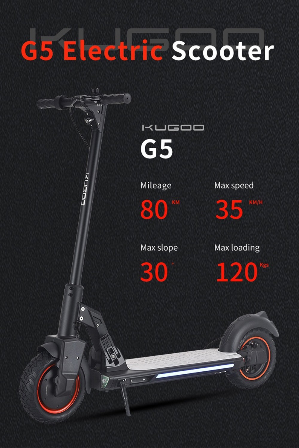 KUGOO G5 Folding Electric Scooter 500W Motor LED Display Screen Max 24MPH 10 Inch Tire - Black