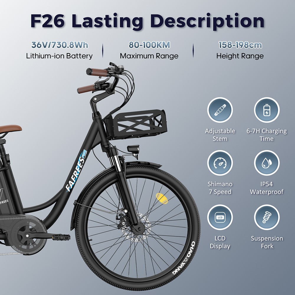 Fafrees F26 Lasting Electric Bike  250W Motor  36V 20 3Ah Battery  26*1 95'' Tires  25km/h Max Speed  140km Range  SHIMANO 7 Sp