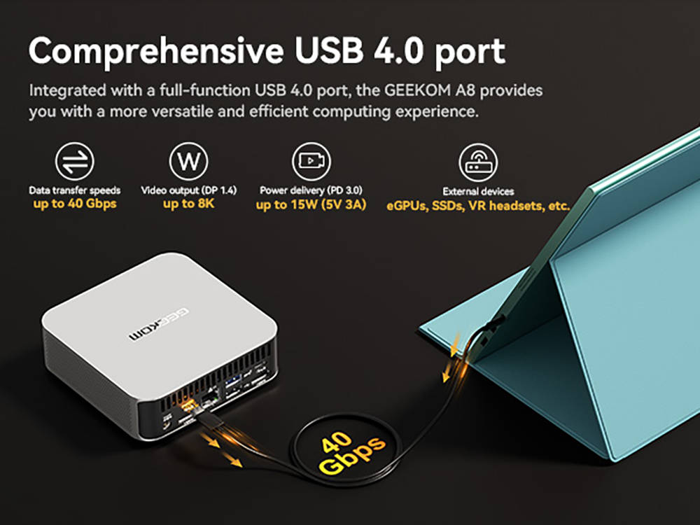 GEEKOM A8 AI Mini PC  AMD Ryzen 9 8945HS 8 Cores Max 5 2GHz  32GB DDR5 RAM 2TB SSD  USB3 2 Type-C  8K@30Hz    USB4 0 Type-C  8K