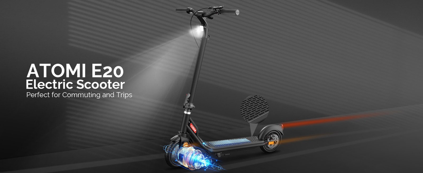 Atomi E20 Electric Scooter 8 5 inch Air Tire 250W Motor  Max Output 500W  36V 7 5Ah Battery 30km Range Dual Brake 120kg