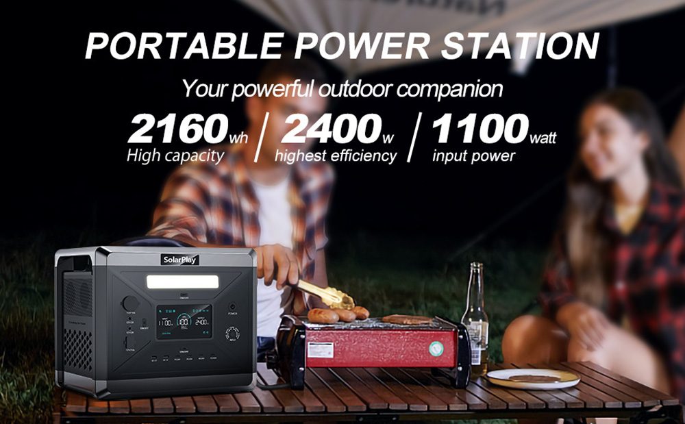 SolarPlay Q2501 Portable Power Station  2400W/2160WH Lithium Battery  12 Output Ports  Fully Charged in 1 5 Hours  4 Charging M