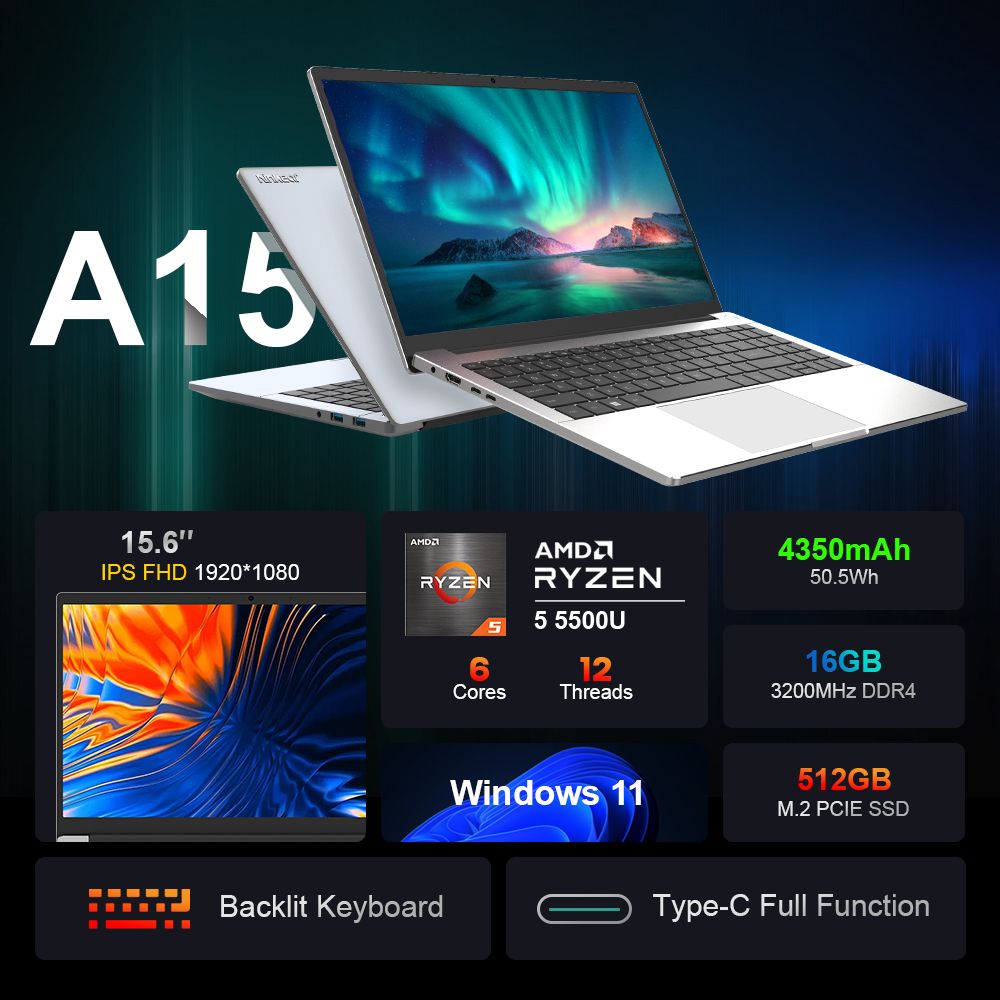 Ninkear A15 Laptop  15 6'' 1920*1080 IPS Screen  AMD Ryzen 5 5500U 6 Cores Max 4 0GHz  16GB RAM 512GB SSD  2 4/5GHz WiFi Blueto