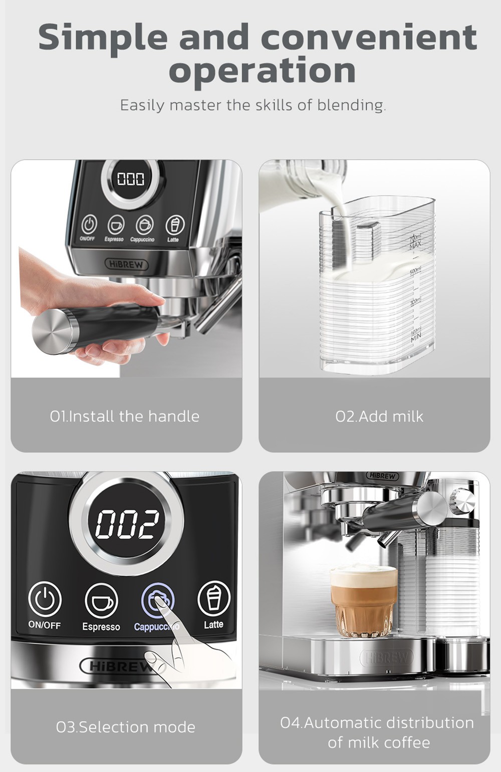 HiBREW H13A 3 in 1 Semi Automatic Coffee Machine  6 Coffee Modes  20Bar Extraction Pressure  1 3L Removable Water Tank  51mm Al