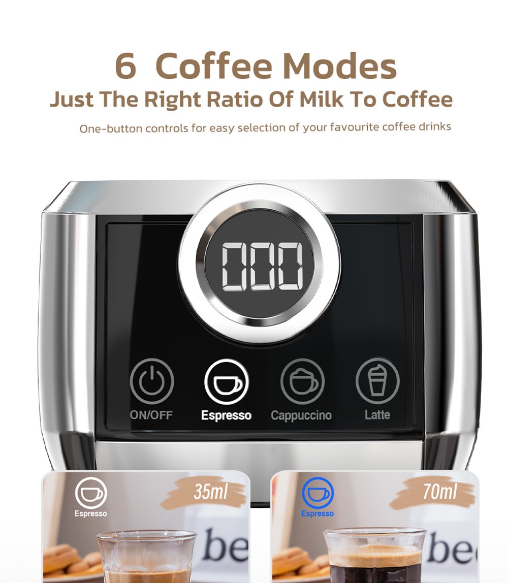 HiBREW H13A 3 in 1 Semi Automatic Coffee Machine  6 Coffee Modes  20Bar Extraction Pressure  1 3L Removable Water Tank  51mm Al