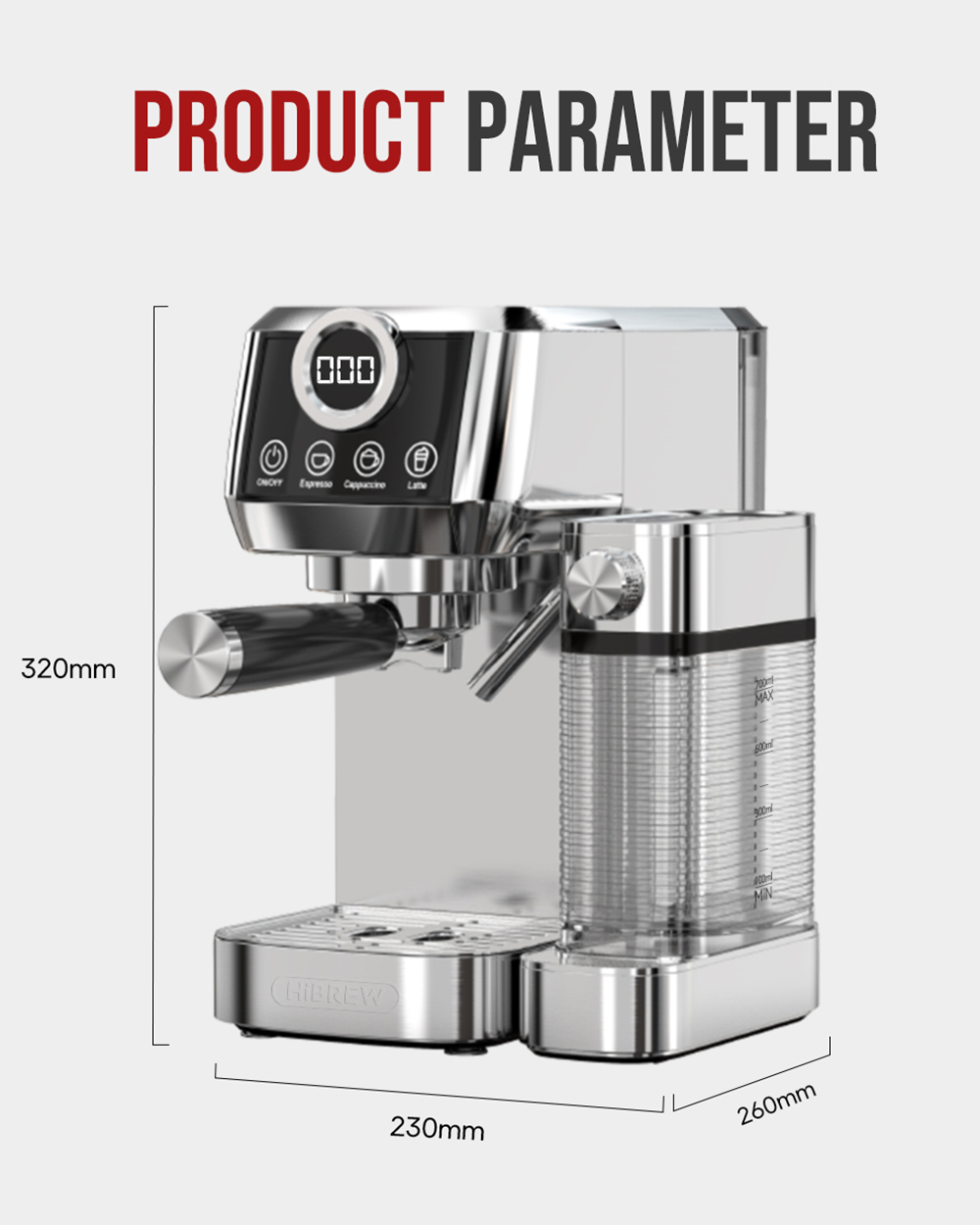 HiBREW H13A 3 in 1 Semi Automatic Coffee Machine  6 Coffee Modes  20Bar Extraction Pressure  1 3L Removable Water Tank  51mm Al