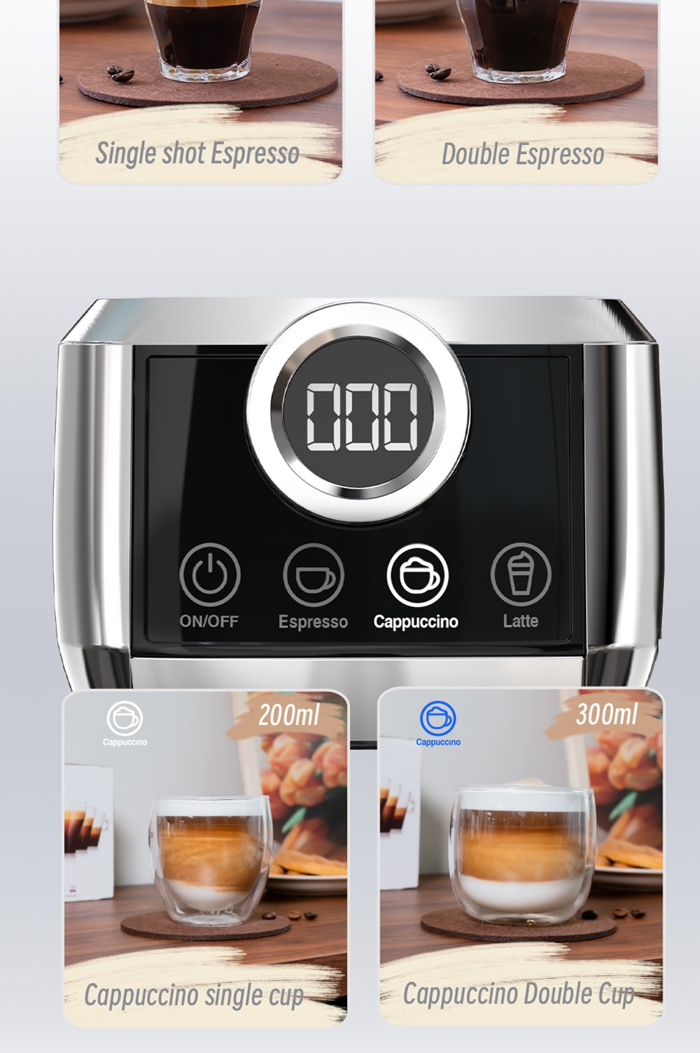 HiBREW H13A 3 in 1 Semi Automatic Coffee Machine  6 Coffee Modes  20Bar Extraction Pressure  1 3L Removable Water Tank  51mm Al