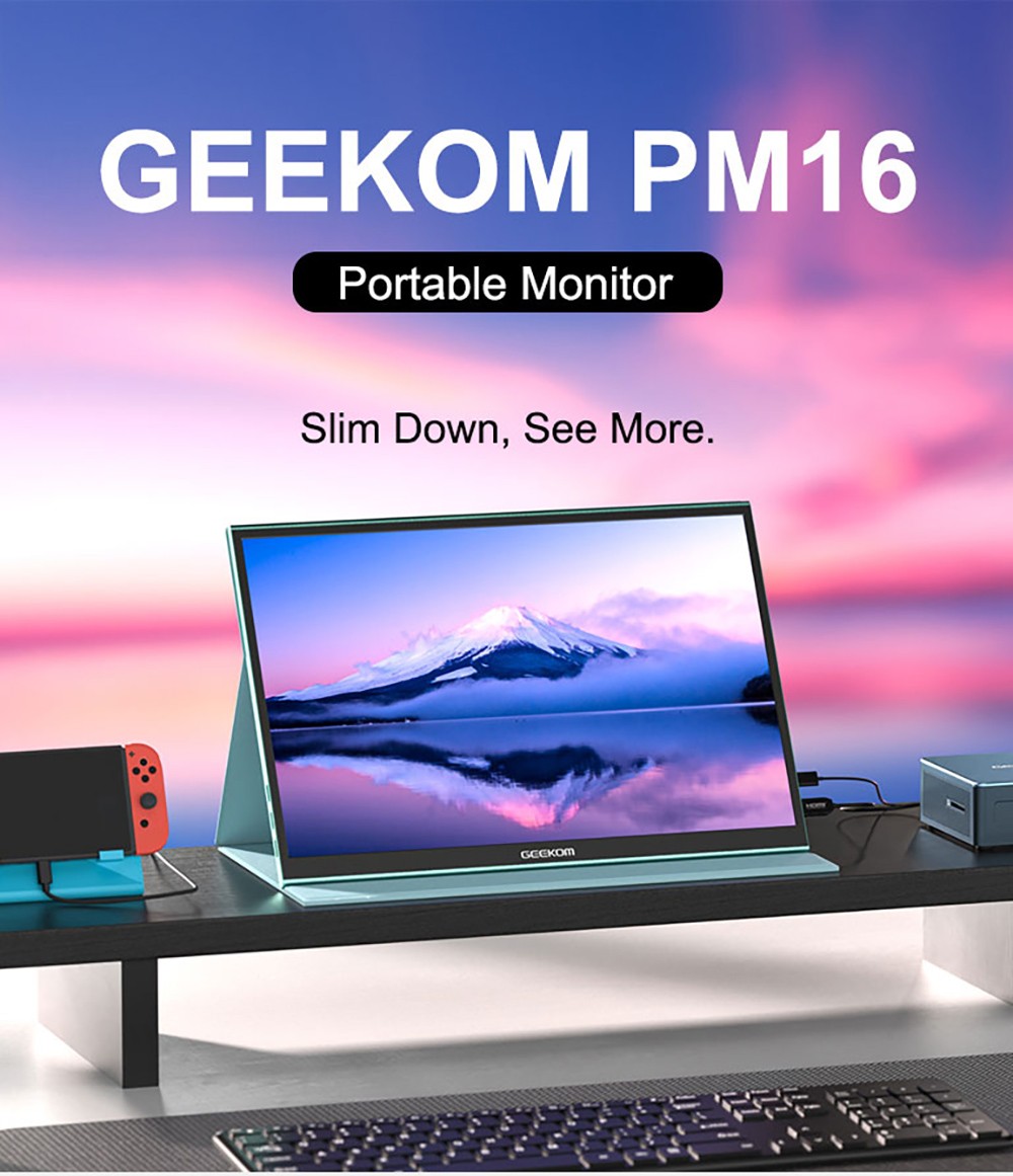 GEEKOM PM16 16-inch Portable Monitor with Smart Cover  1920*1200 FHD Display  178 ° Viewing Angle  800:1 Contrast Ratio  2* Fu