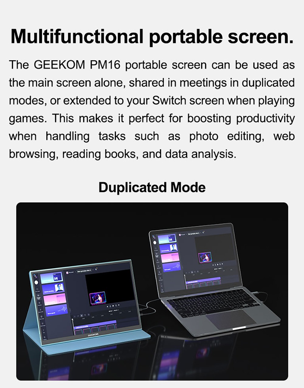 GEEKOM PM16 16-inch Portable Monitor with Smart Cover  1920*1200 FHD Display  178 ° Viewing Angle  800:1 Contrast Ratio  2* Fu