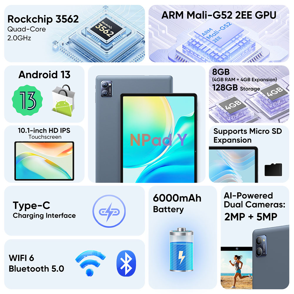 N-one NPad Y Tablet  10 1-inch 1280*800 IPS Touchscreen  Rockchip 3562 4 Cores 2 0GHz  Android 13  4GB 4GB Expansion RAM 128GB 