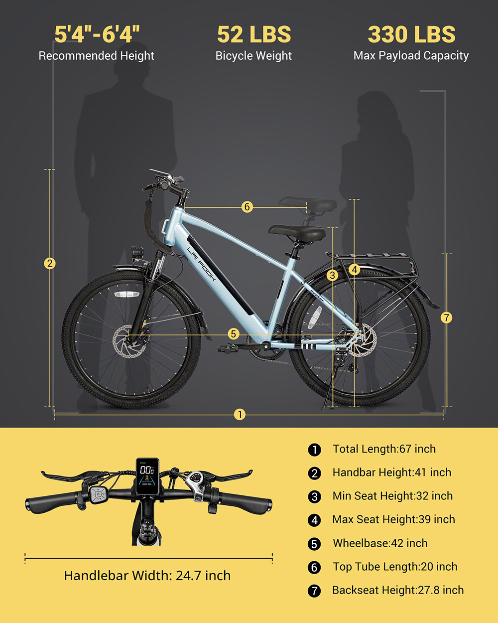 LAIFOOK Seeker Electric Bike  250W Motor  36V 9Ah Battery  26'' Tires  25km/h Max Speed  60km Range  Front Fork Suspension  Dis