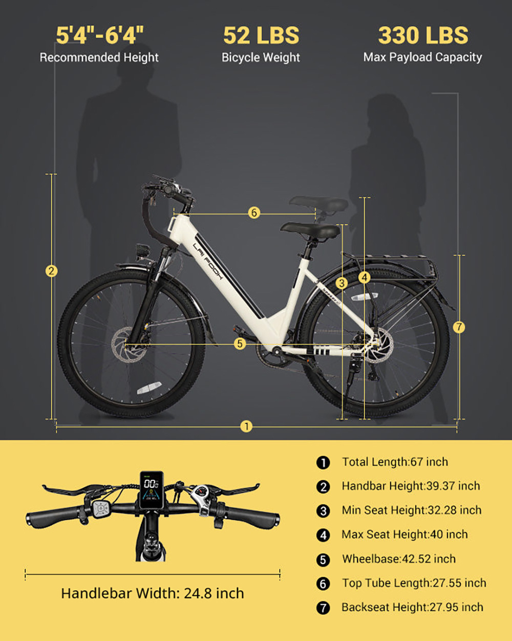 LAIFOOK Seeker S Electric Bike  250W Motor  36V 9Ah Battery  26'' Tires  25km/h Max Speed  60km Range  Front Fork Suspension  D