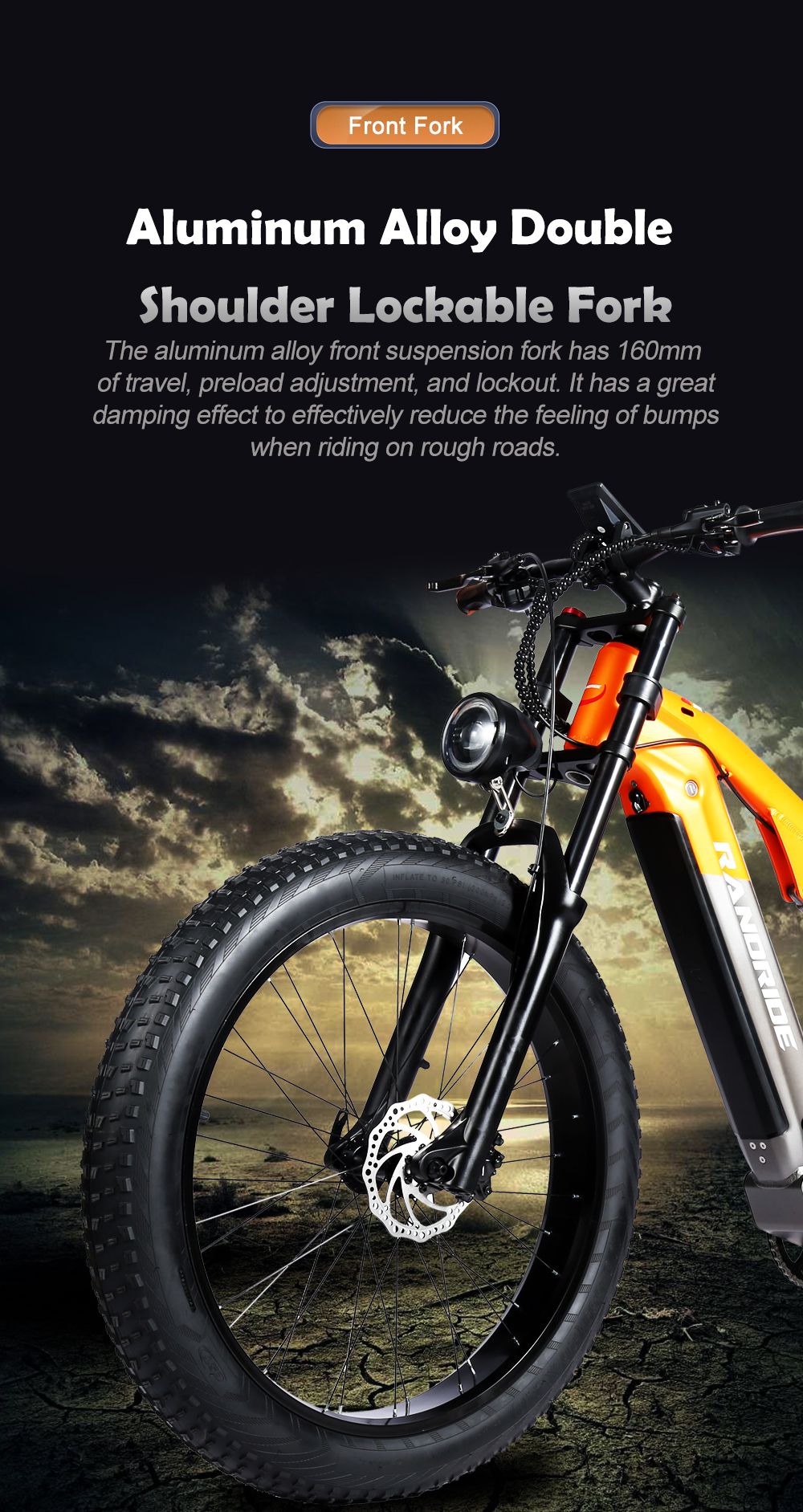 RANDRIDE YX80 Electric Bike  1500W Brushless Motor  48V 20Ah Battery  26x4 0'' CST Fat Tire  50km/h Max Speed  124km Max Range 