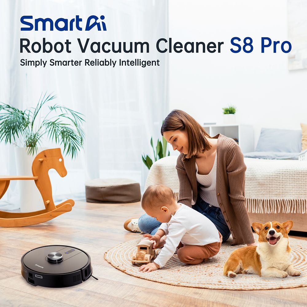 SmartAI S8 Pro Robot Vacuum Cleaner with Base Station  5000Pa Suction Power  380ml Water Tank  3L Dustbin  45  Days Dust Storag