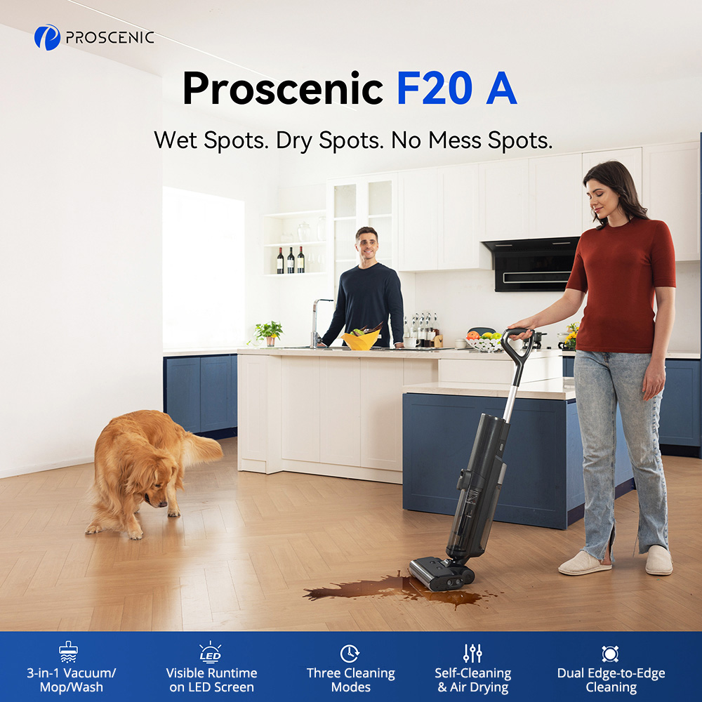 Proscenic F20A Cordless Vacuum and Mop  35min Runtime  LED Screen  Self-Cleaning 